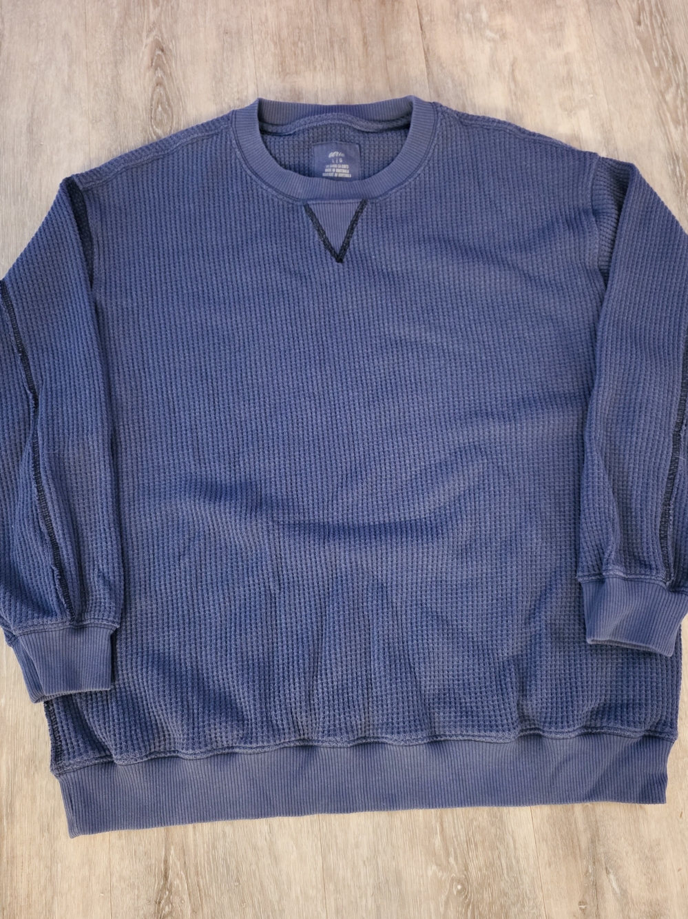 Aerie Men’s Large Waffle Knit Crewneck Sweatshirt Blue Oversized Thermal Pullove